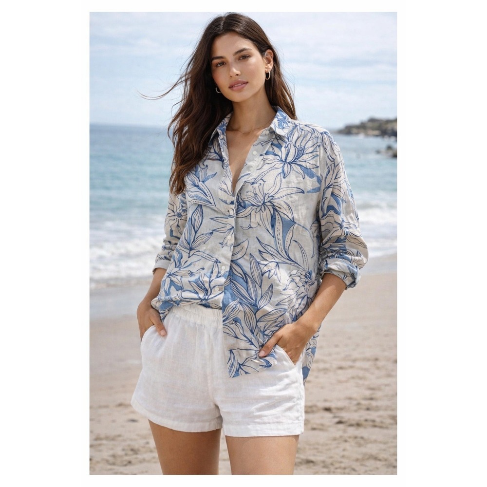 H by Halston 100% Linen Floral Button Front Tropical Lightweight Shirt Size 2X